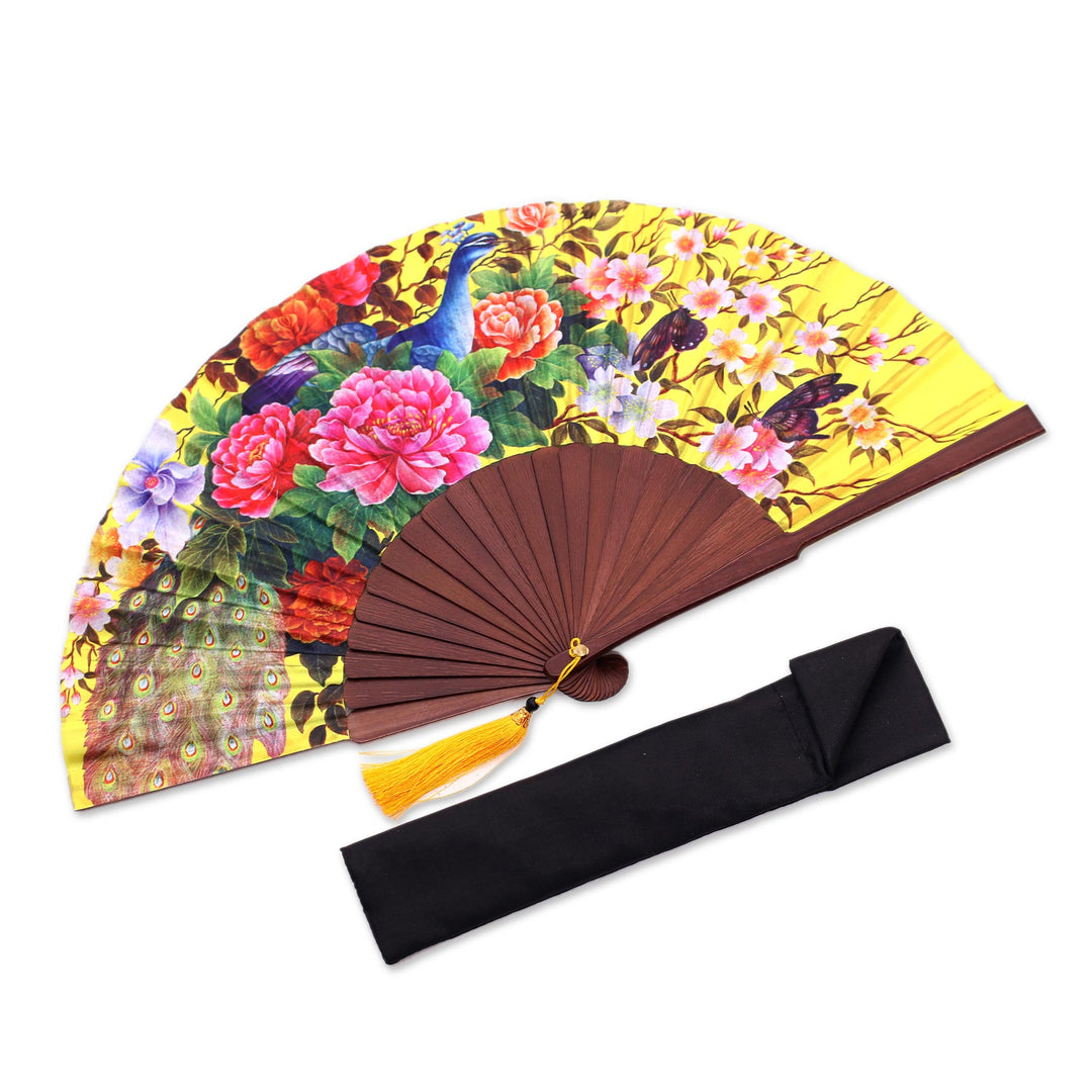 Floral Printed Silk Hand Fan Crafted in Bali - Chartreuse Bouquet