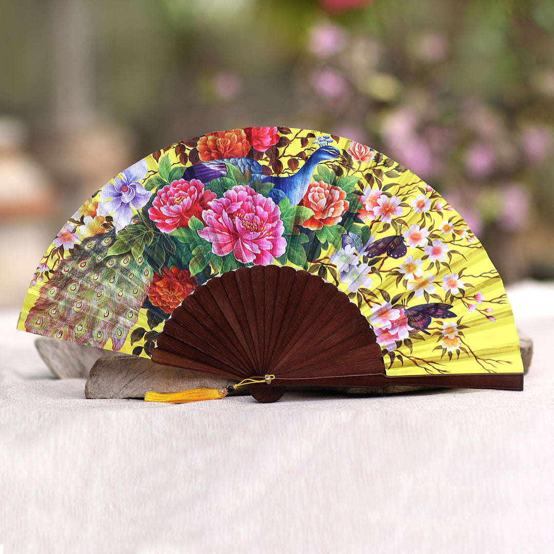 Floral Printed Silk Hand Fan Crafted in Bali - Chartreuse Bouquet