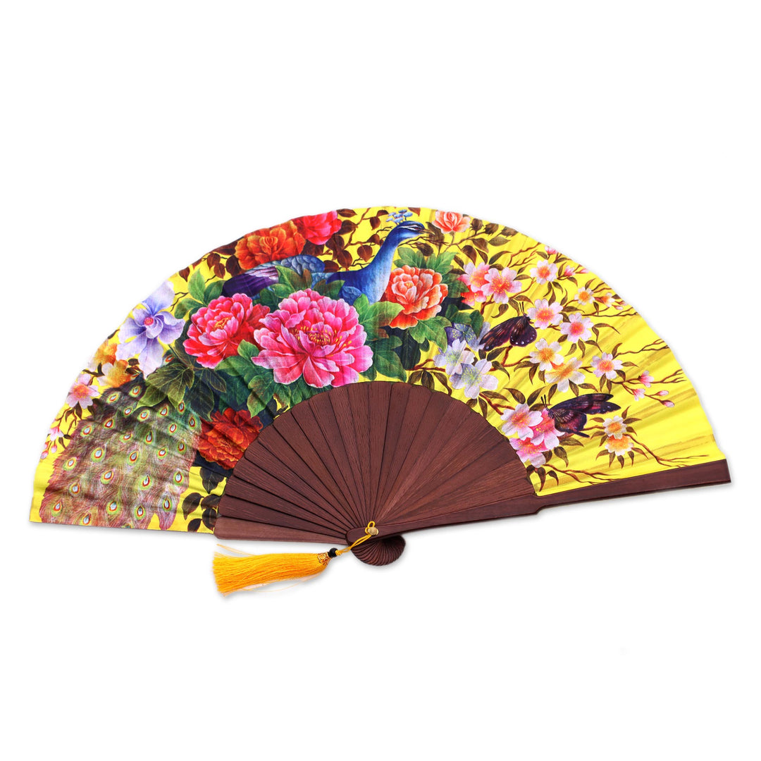 Floral Printed Silk Hand Fan Crafted in Bali - Chartreuse Bouquet