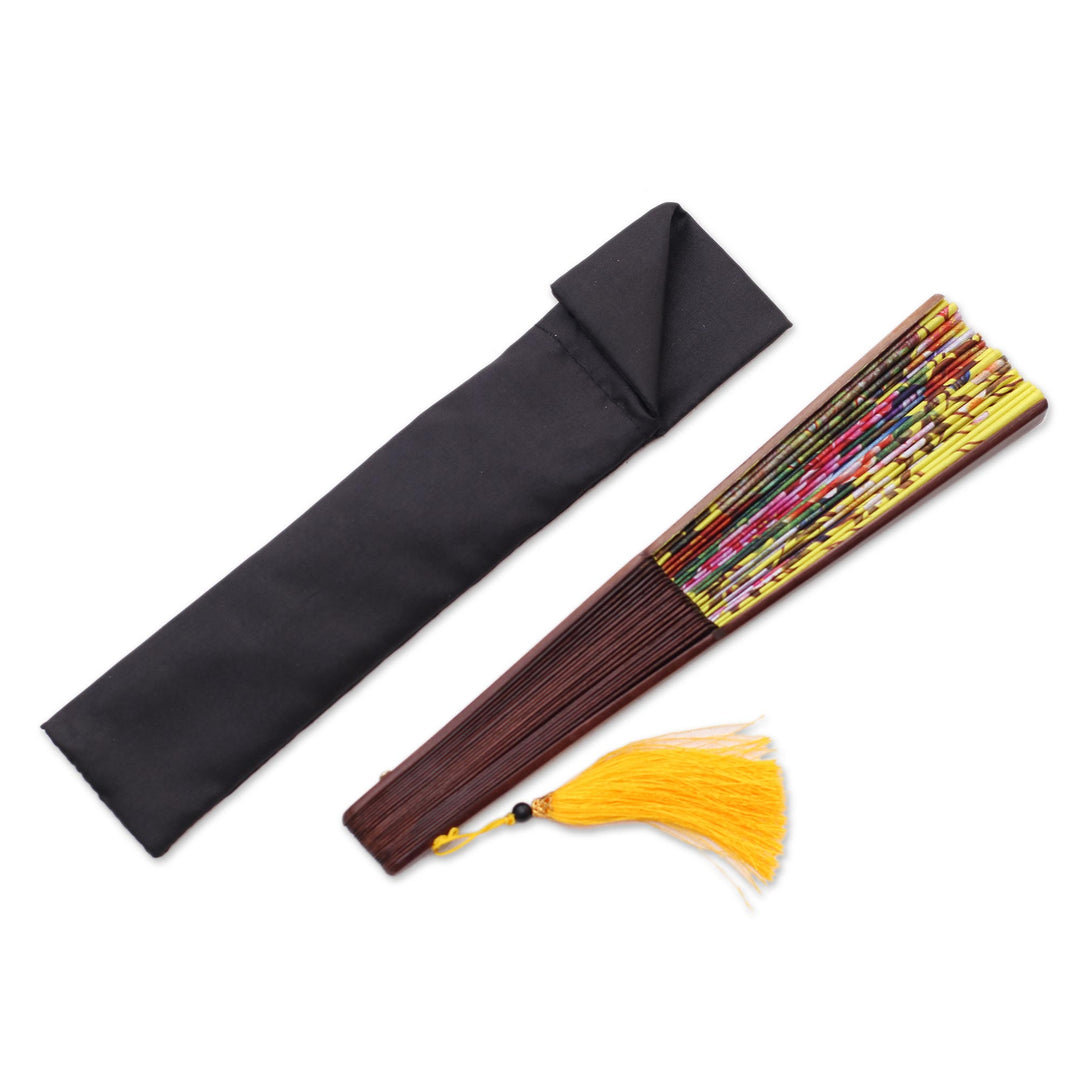 Floral Printed Silk Hand Fan Crafted in Bali - Chartreuse Bouquet