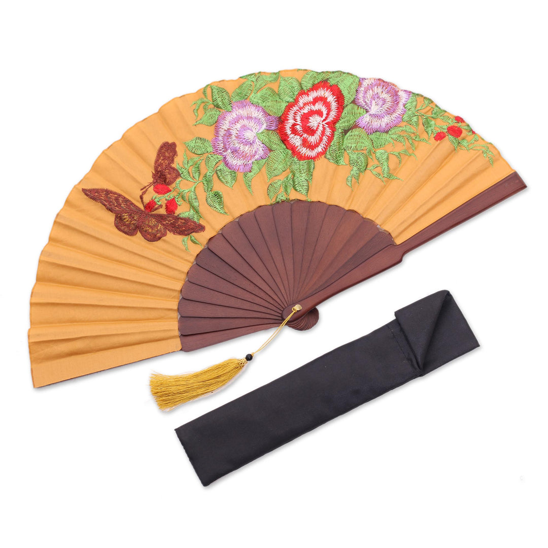Butterfly-Themed Embroidered Silk Hand Fan from Bali - Perching Butterfly