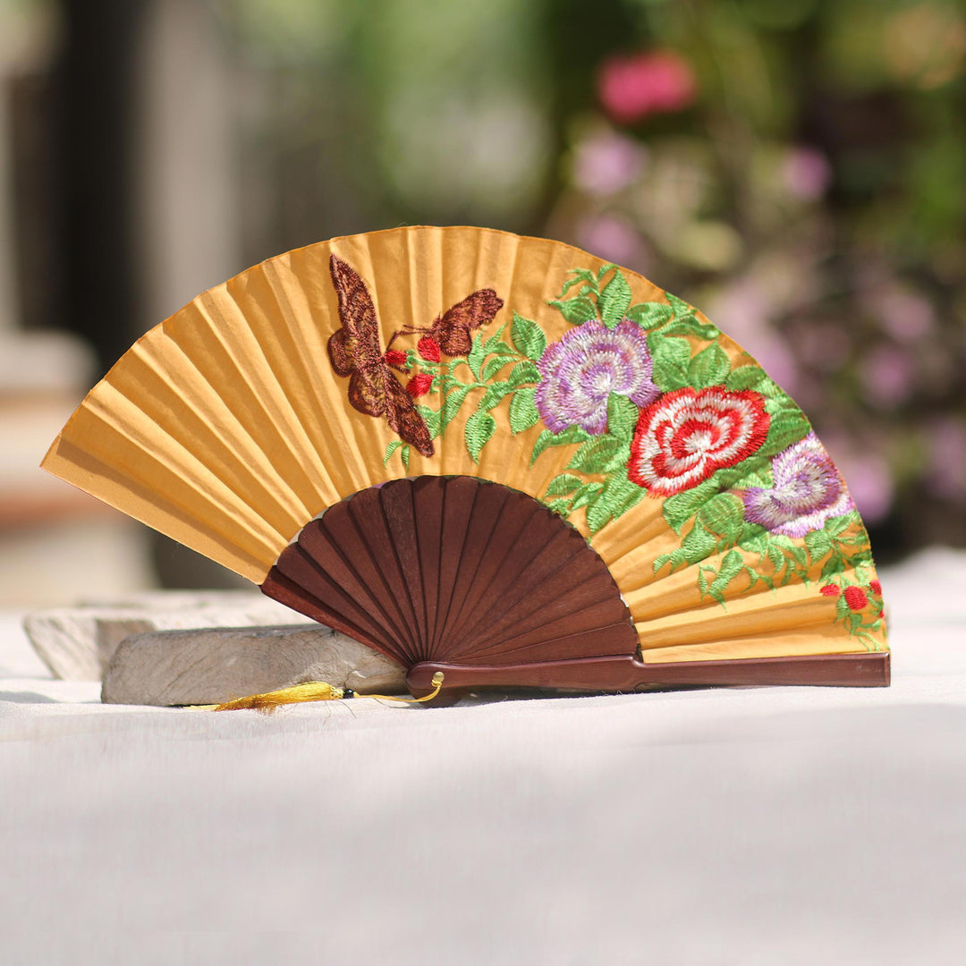 Butterfly-Themed Embroidered Silk Hand Fan from Bali - Perching Butterfly
