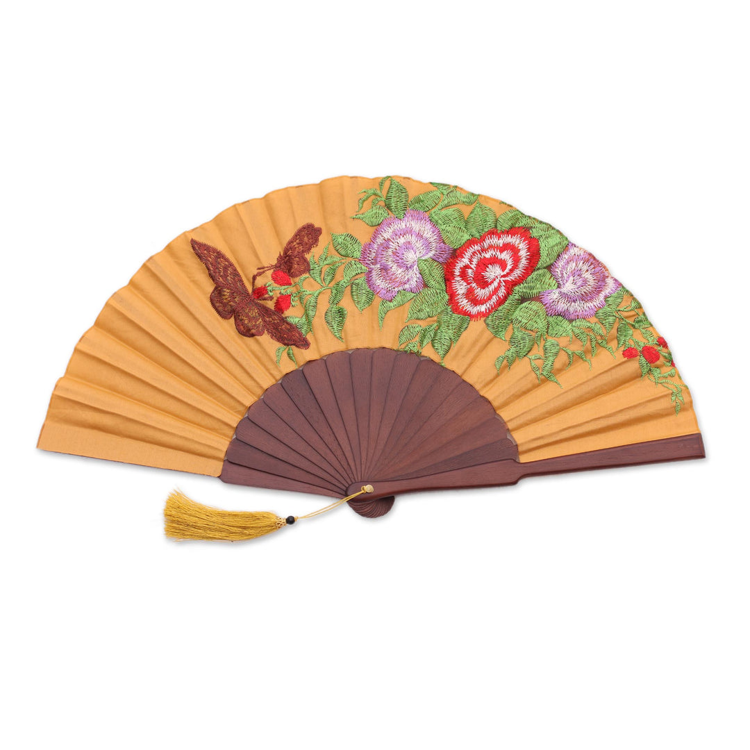 Butterfly-Themed Embroidered Silk Hand Fan from Bali - Perching Butterfly