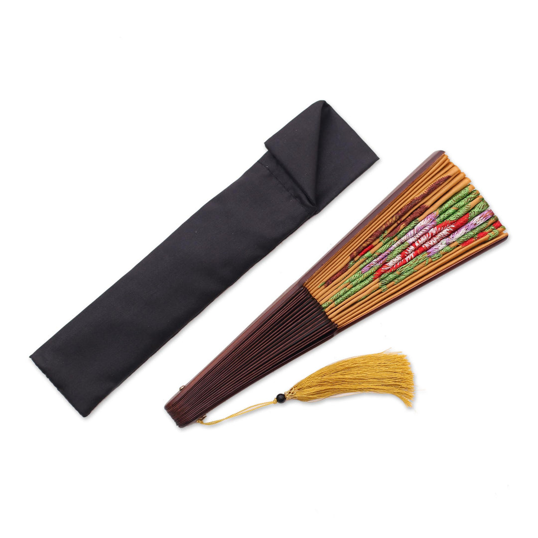 Butterfly-Themed Embroidered Silk Hand Fan from Bali - Perching Butterfly