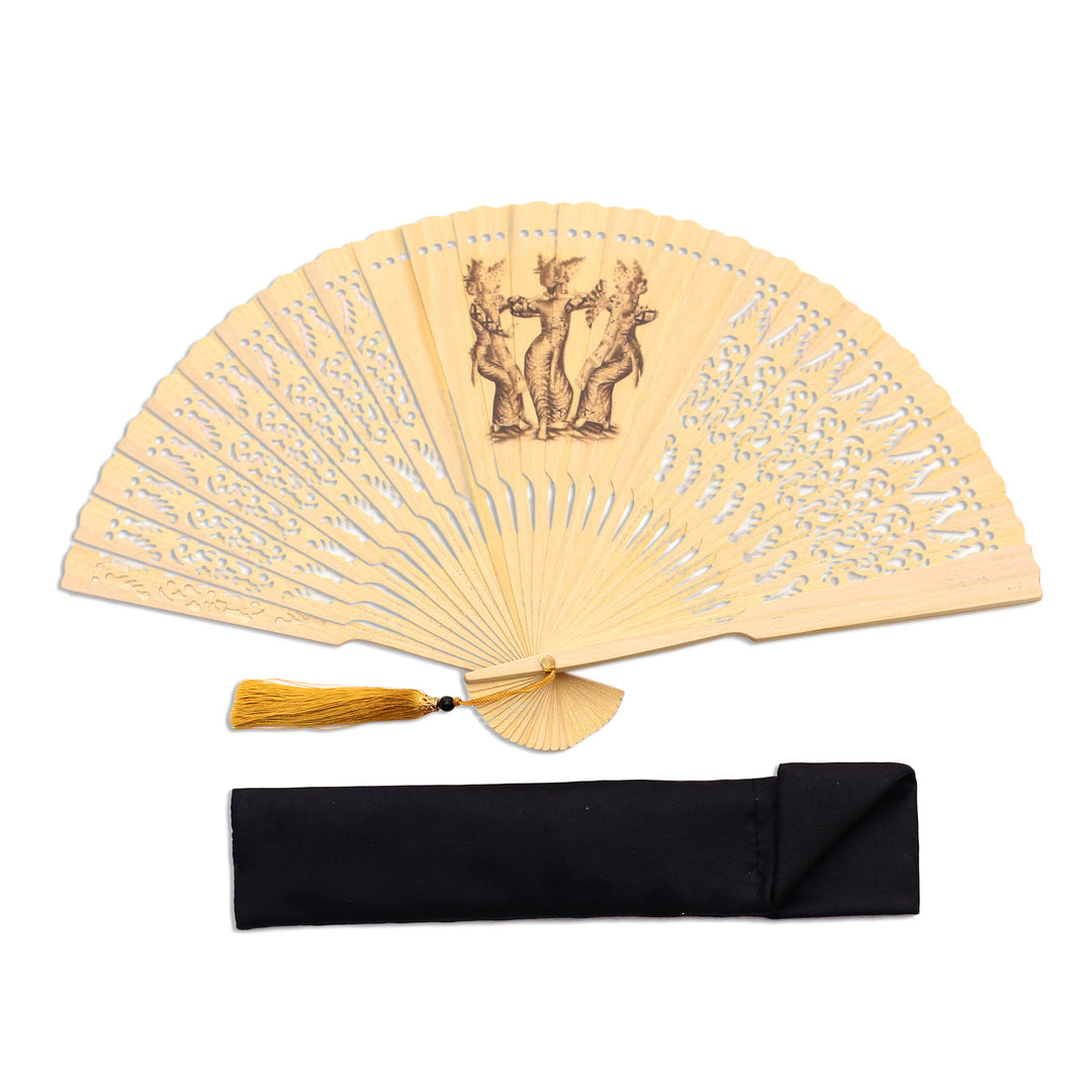 Dance-Themed Mahogany Wood Hand Fan Crafted in Bali - Legong Dance