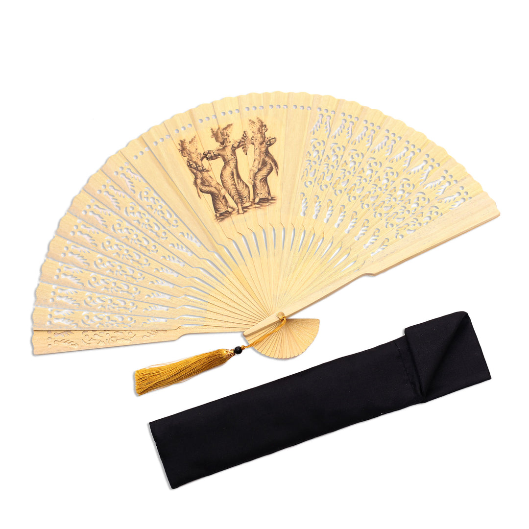 Dance-Themed Mahogany Wood Hand Fan Crafted in Bali - Legong Dance