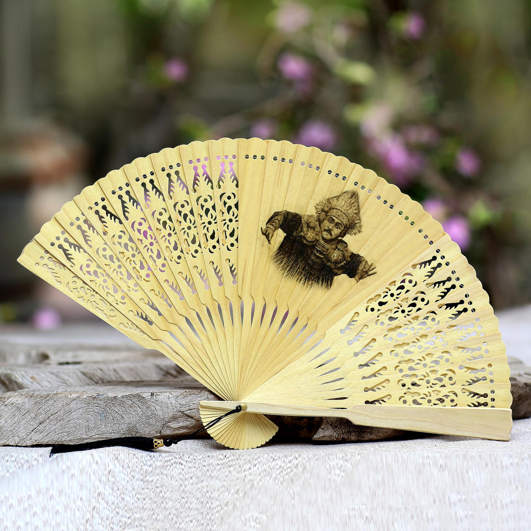 Baris Dance Mahogany Wood Hand Fan from Bali - Baris Dance