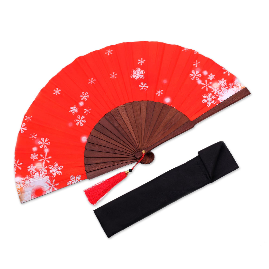 Snowflake Motif Silk Hand Fan in Strawberry from Bali - Strawberry Snow