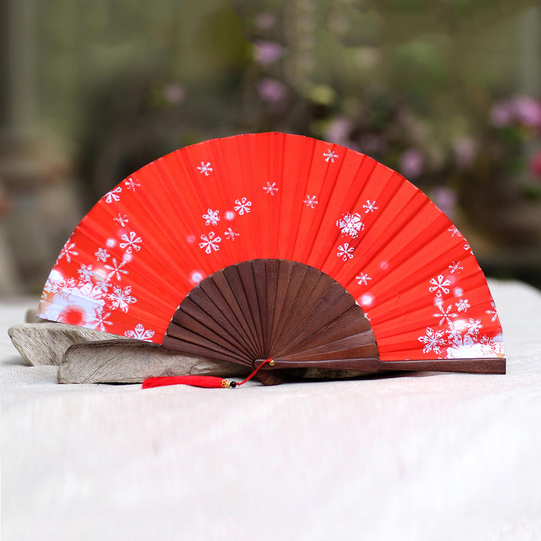 Snowflake Motif Silk Hand Fan in Strawberry from Bali - Strawberry Snow