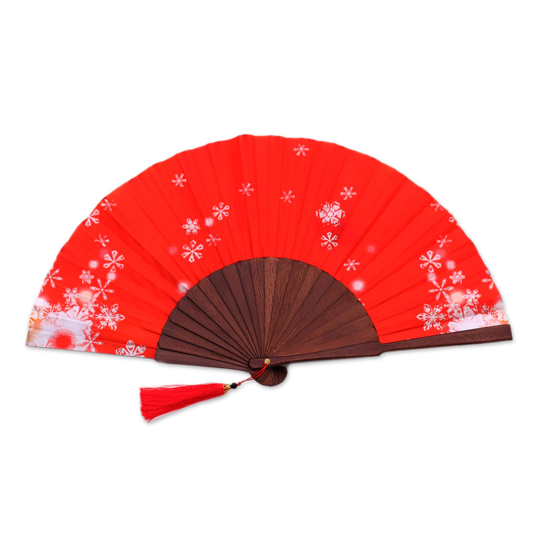 Snowflake Motif Silk Hand Fan in Strawberry from Bali - Strawberry Snow