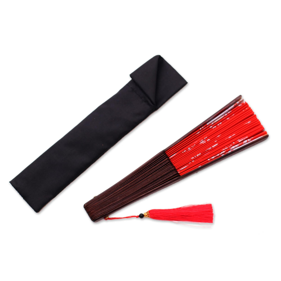 Snowflake Motif Silk Hand Fan in Strawberry from Bali - Strawberry Snow