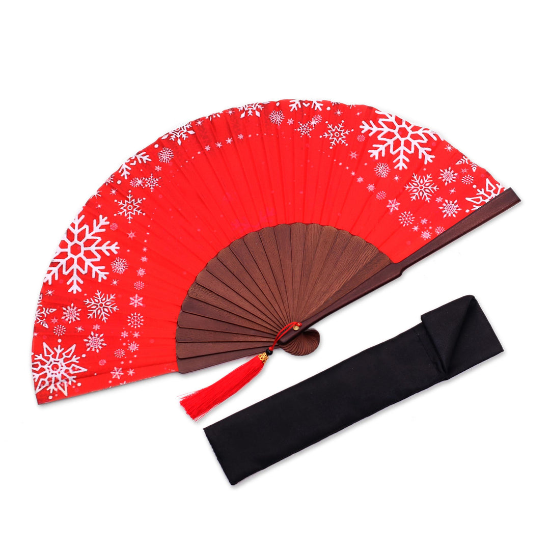 Snowflake Motif Silk Hand Fan Crafted in Bali - Let It Snow