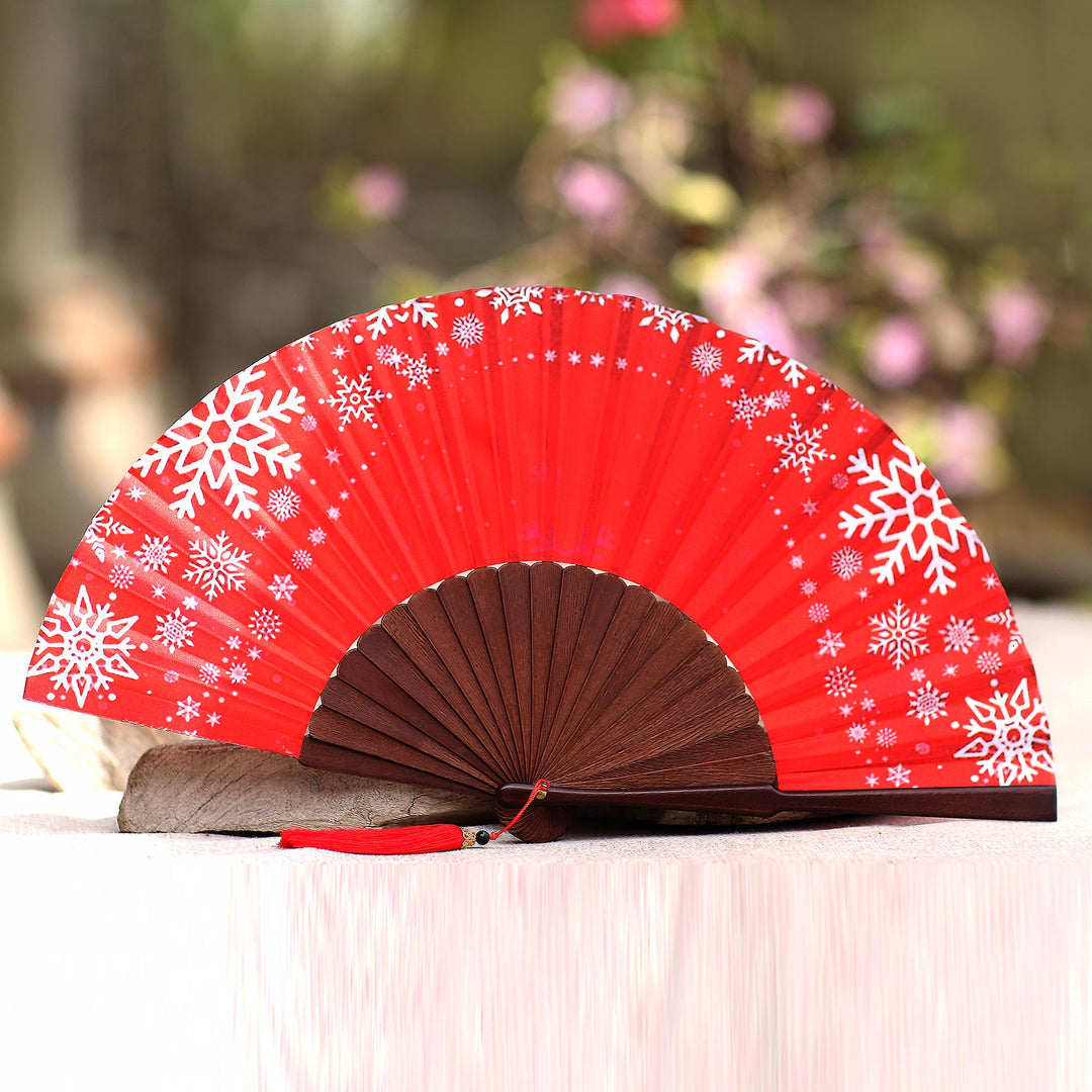 Snowflake Motif Silk Hand Fan Crafted in Bali - Let It Snow