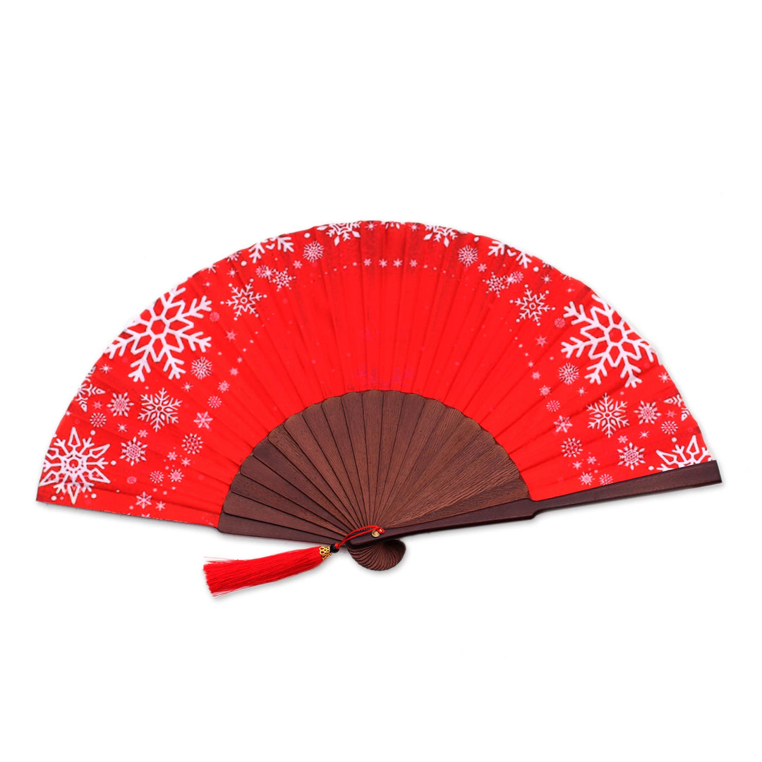 Snowflake Motif Silk Hand Fan Crafted in Bali - Let It Snow