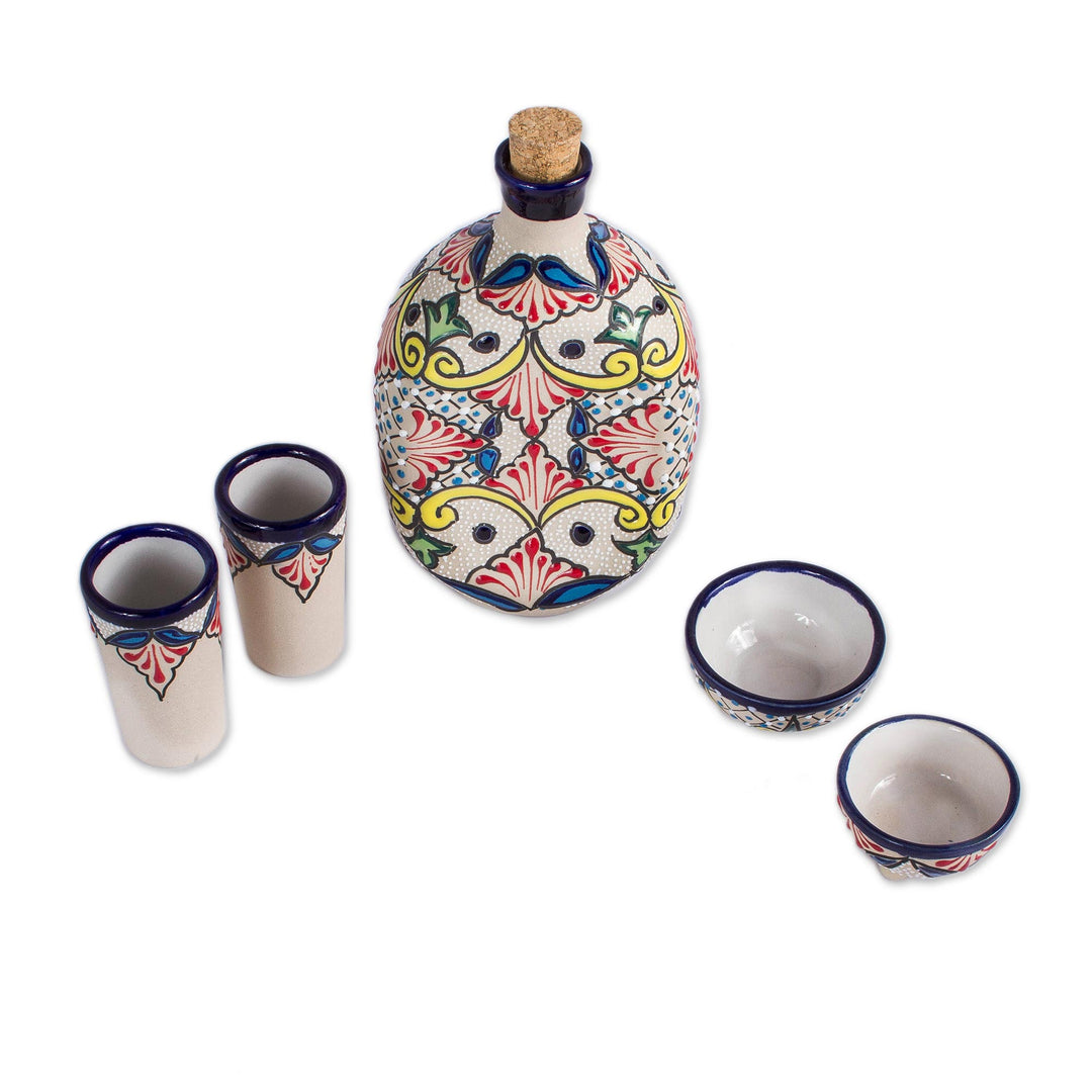 5-Piece Talavera-Style Ceramic Tequila Set from Mexico - Talavera Beverage