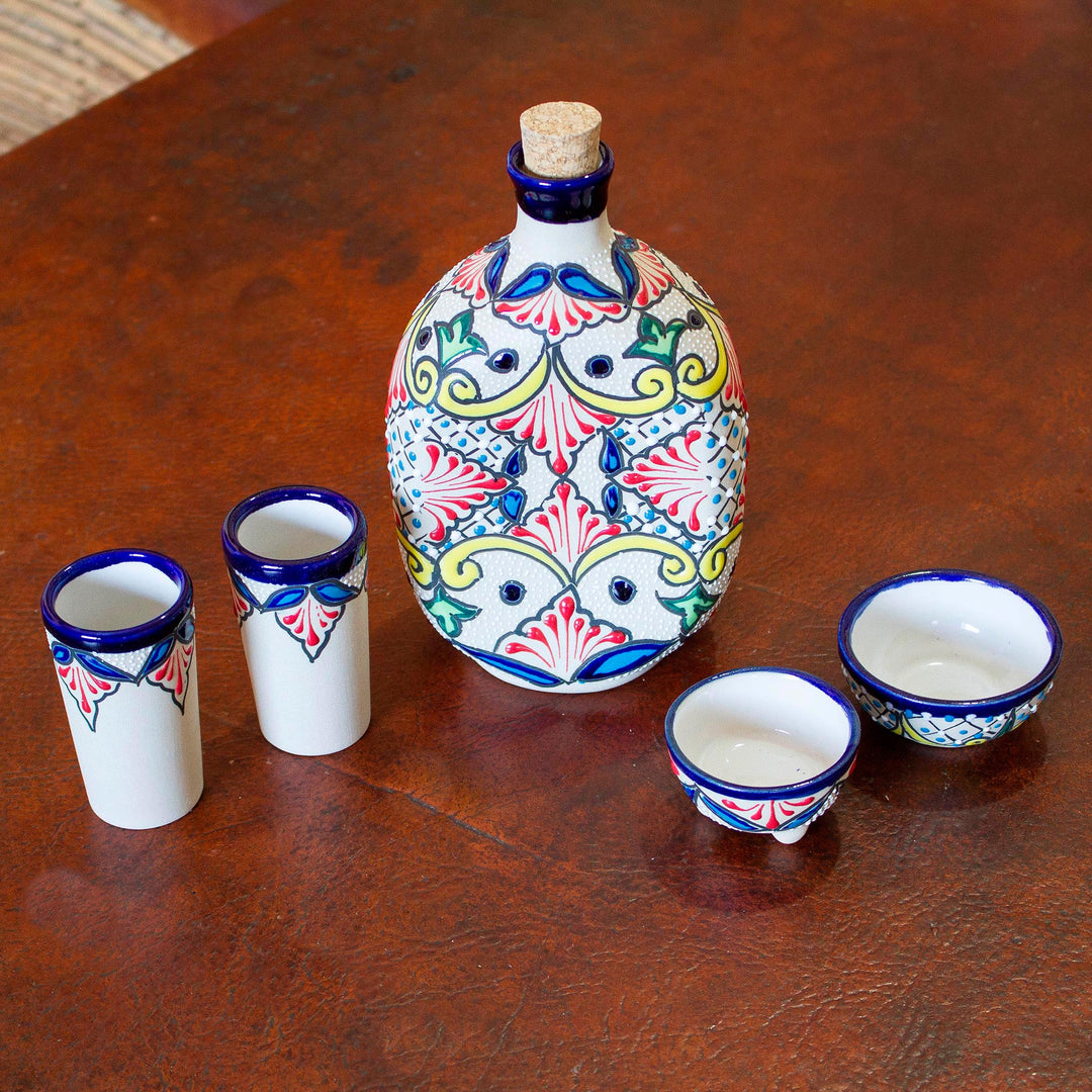 5-Piece Talavera-Style Ceramic Tequila Set from Mexico - Talavera Beverage