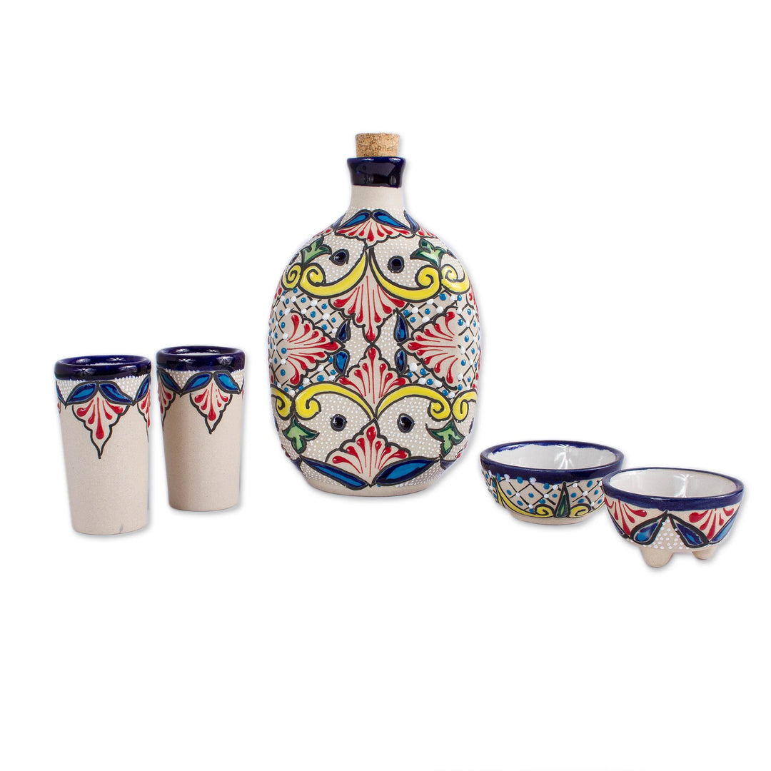 5-Piece Talavera-Style Ceramic Tequila Set from Mexico - Talavera Beverage