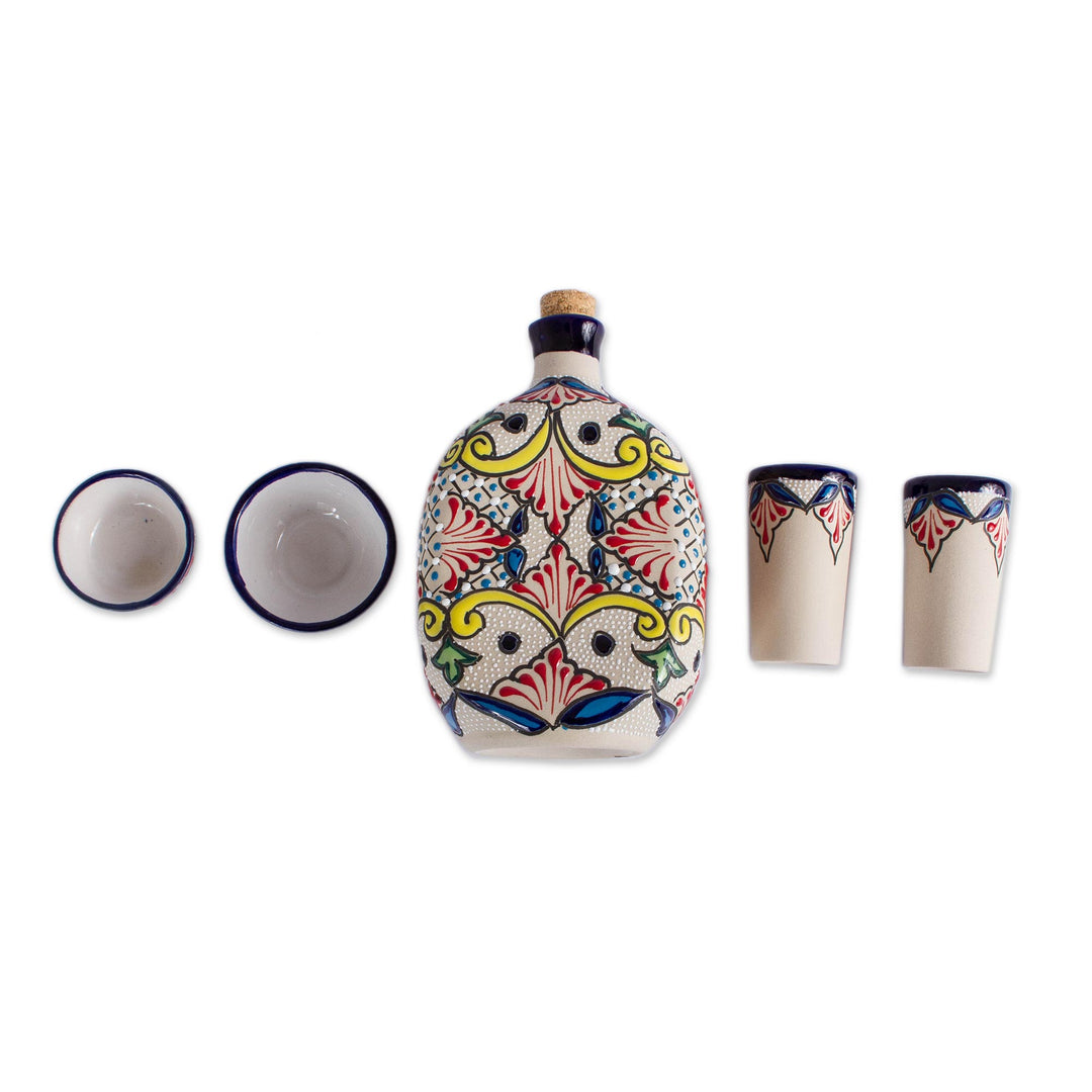 5-Piece Talavera-Style Ceramic Tequila Set from Mexico - Talavera Beverage