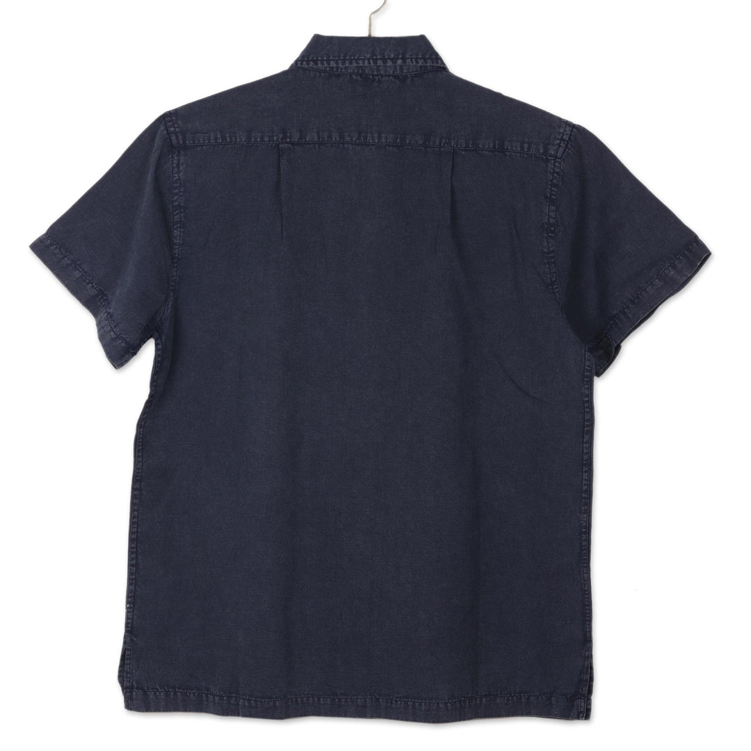 Men's Short Sleeve Cotton Blend Shirt in Navy from India - Casual Day in Navy