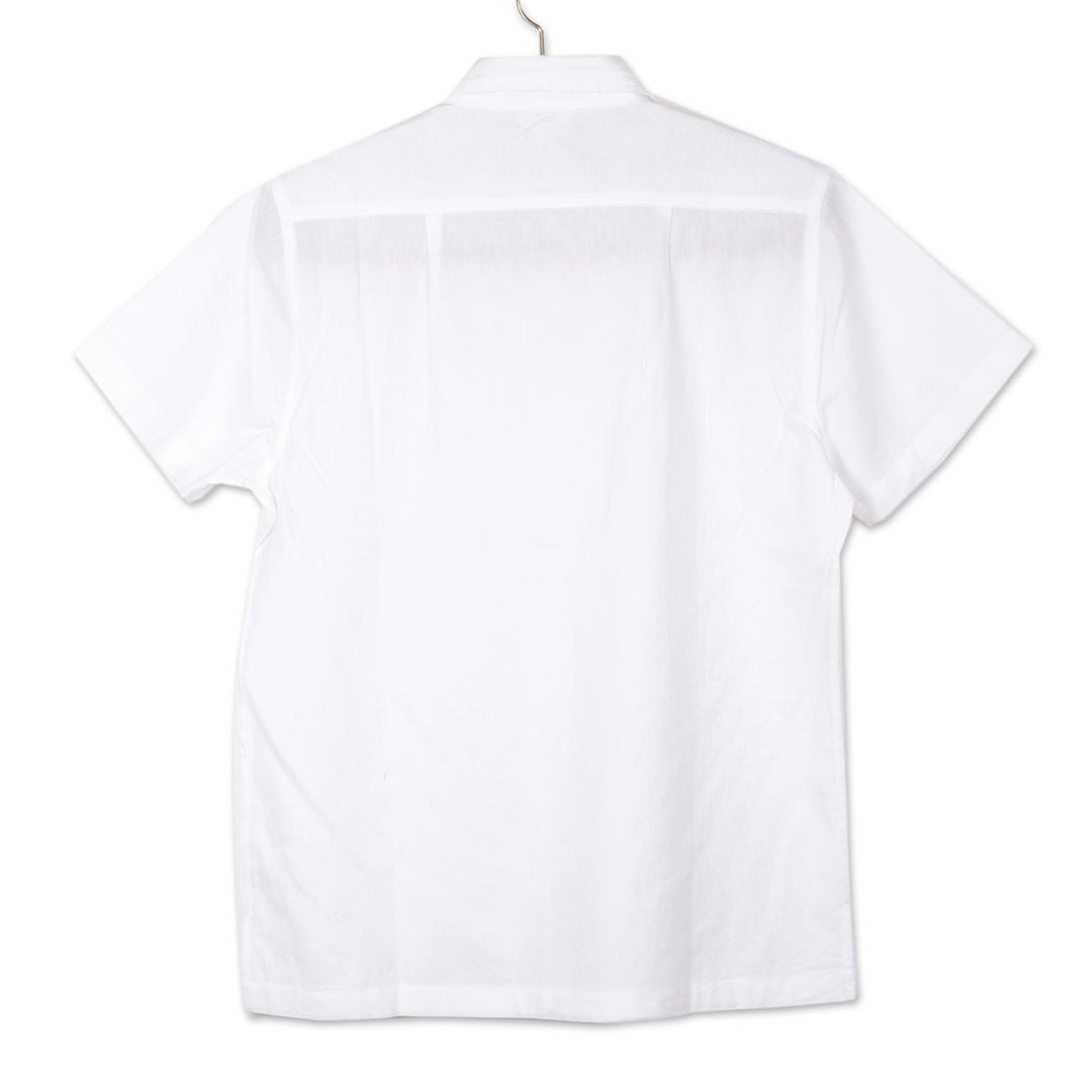 Men's Short Sleeve Cotton Blend Shirt in White from India - Casual Day in White