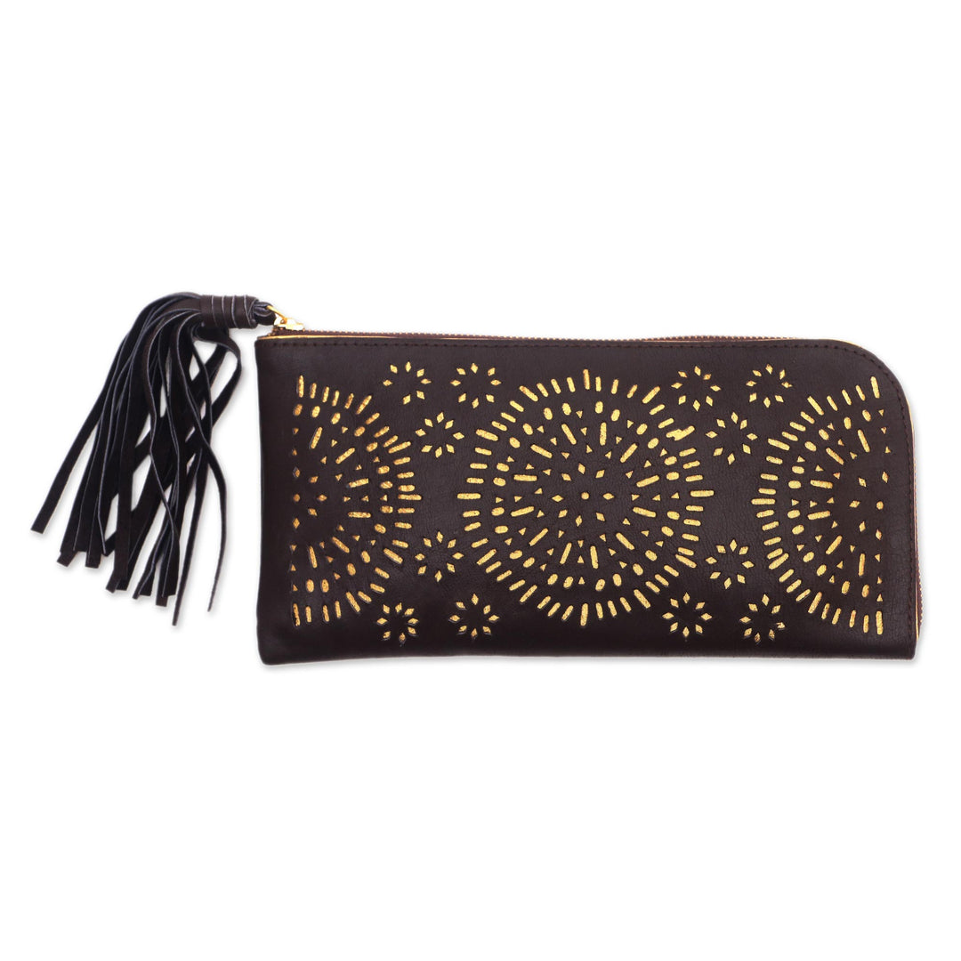 Circle Pattern Leather Clutch in Espresso from Bali - Borobudur Stars in Coffee