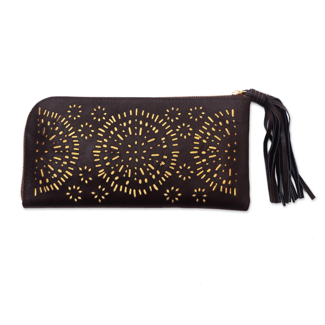 Circle Pattern Leather Clutch in Espresso from Bali - Borobudur Stars in Coffee