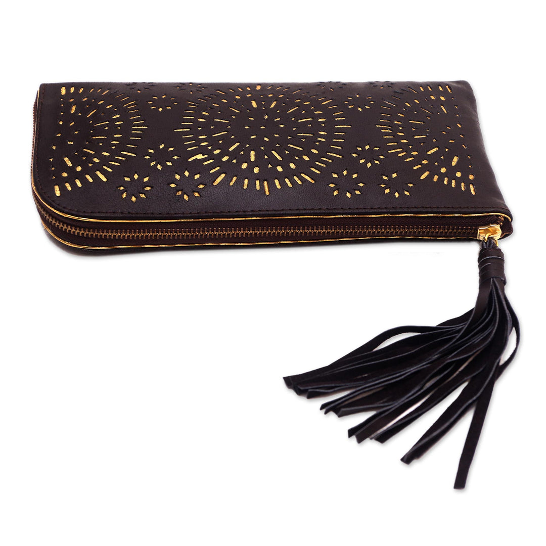 Circle Pattern Leather Clutch in Espresso from Bali - Borobudur Stars in Coffee