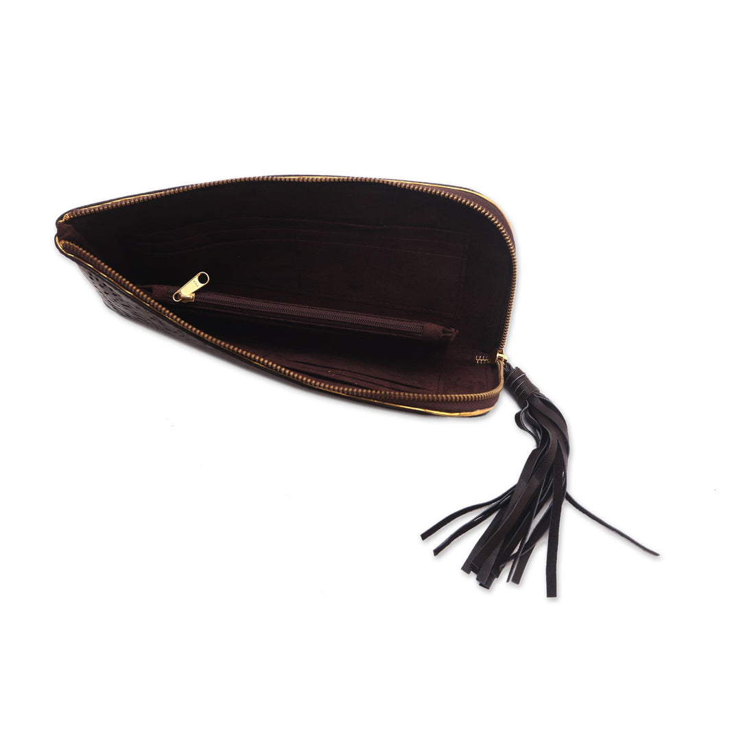 Circle Pattern Leather Clutch in Espresso from Bali - Borobudur Stars in Coffee