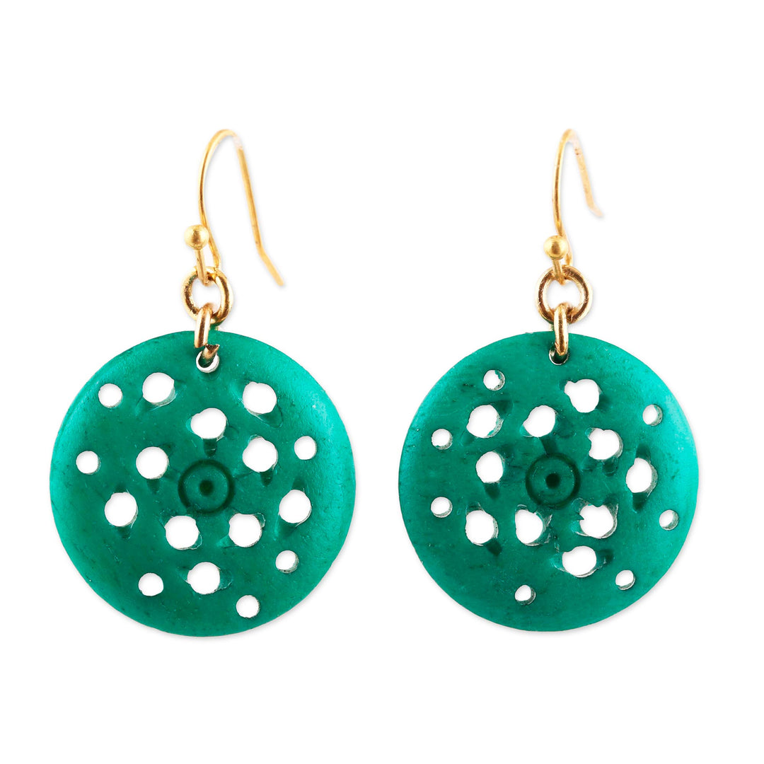 Round Blue-Green Bone Dangle Earrings from India - Delightful Round