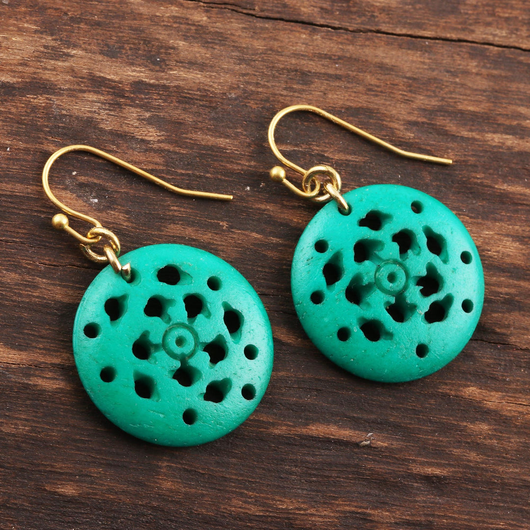 Round Blue-Green Bone Dangle Earrings from India - Delightful Round