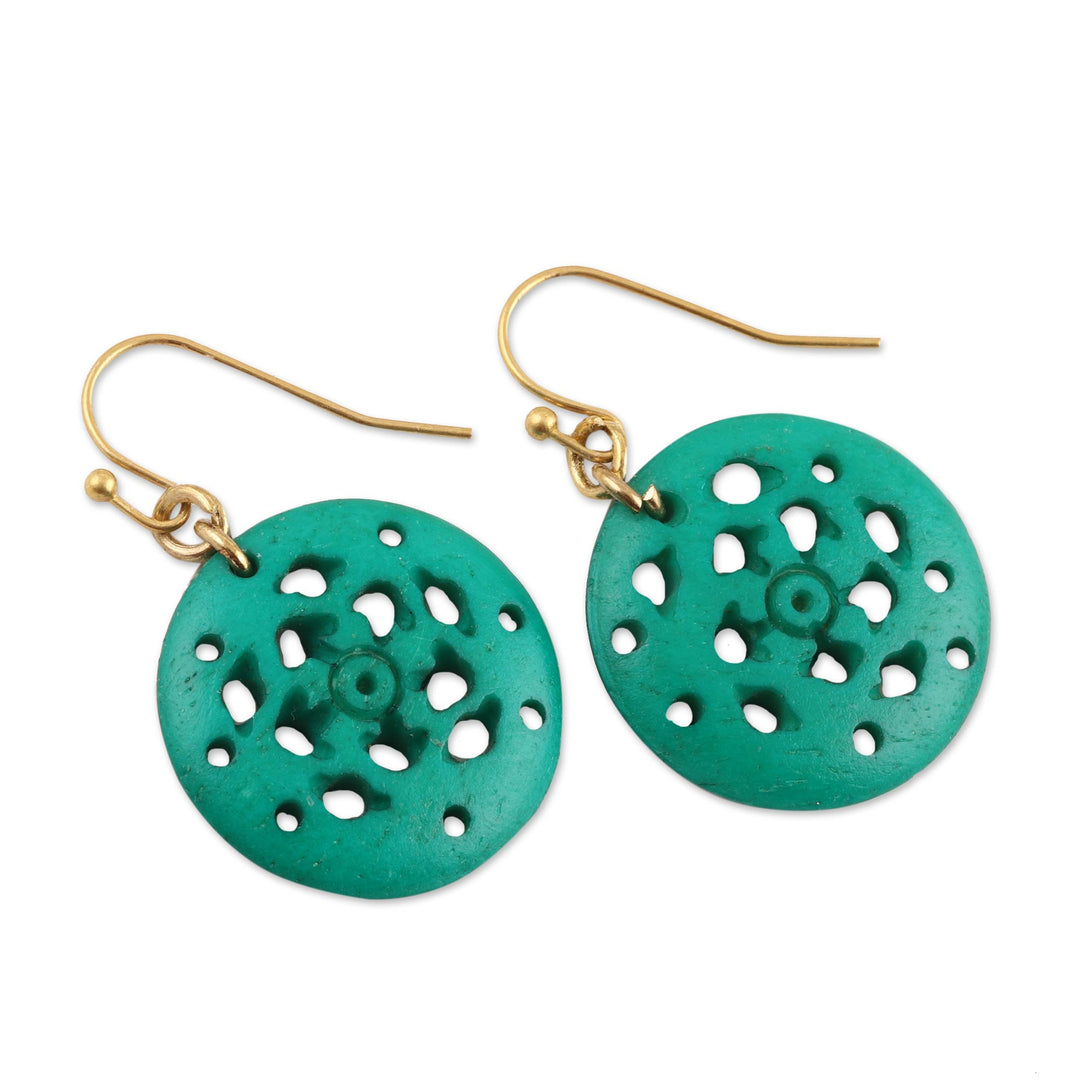 Round Blue-Green Bone Dangle Earrings from India - Delightful Round