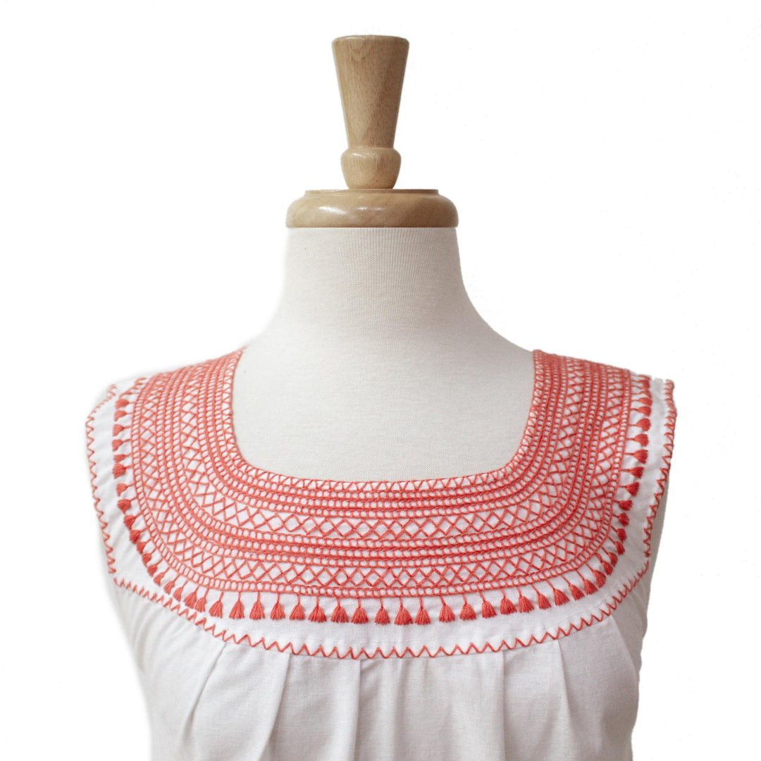 White and Flame Embroidered Cotton Blouse from Mexico - Flame Delight