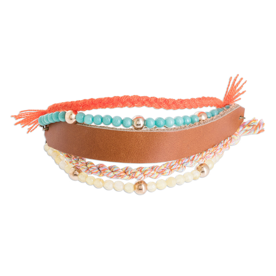 Glass Beaded Sepia Leather Wristband Bracelet - Sepia Combination