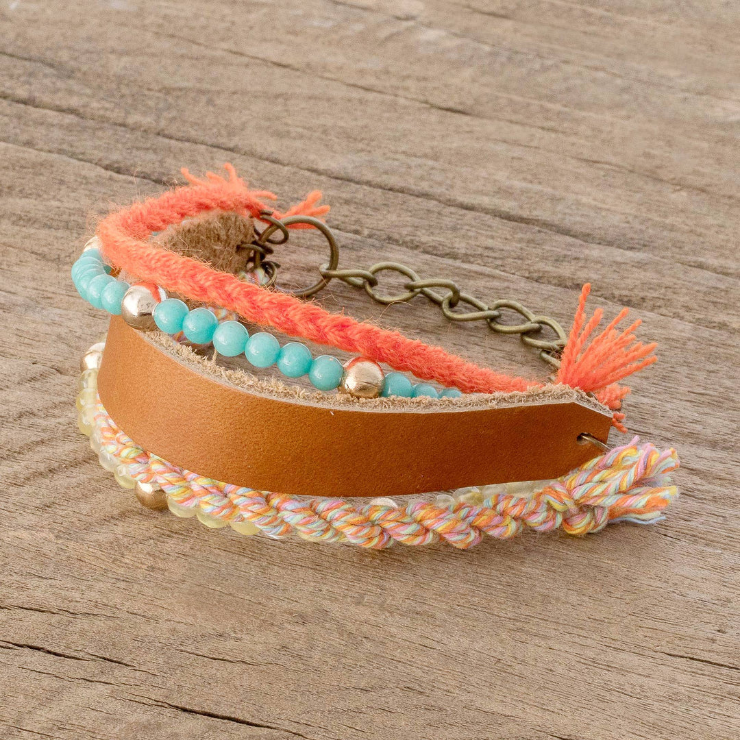 Glass Beaded Sepia Leather Wristband Bracelet - Sepia Combination