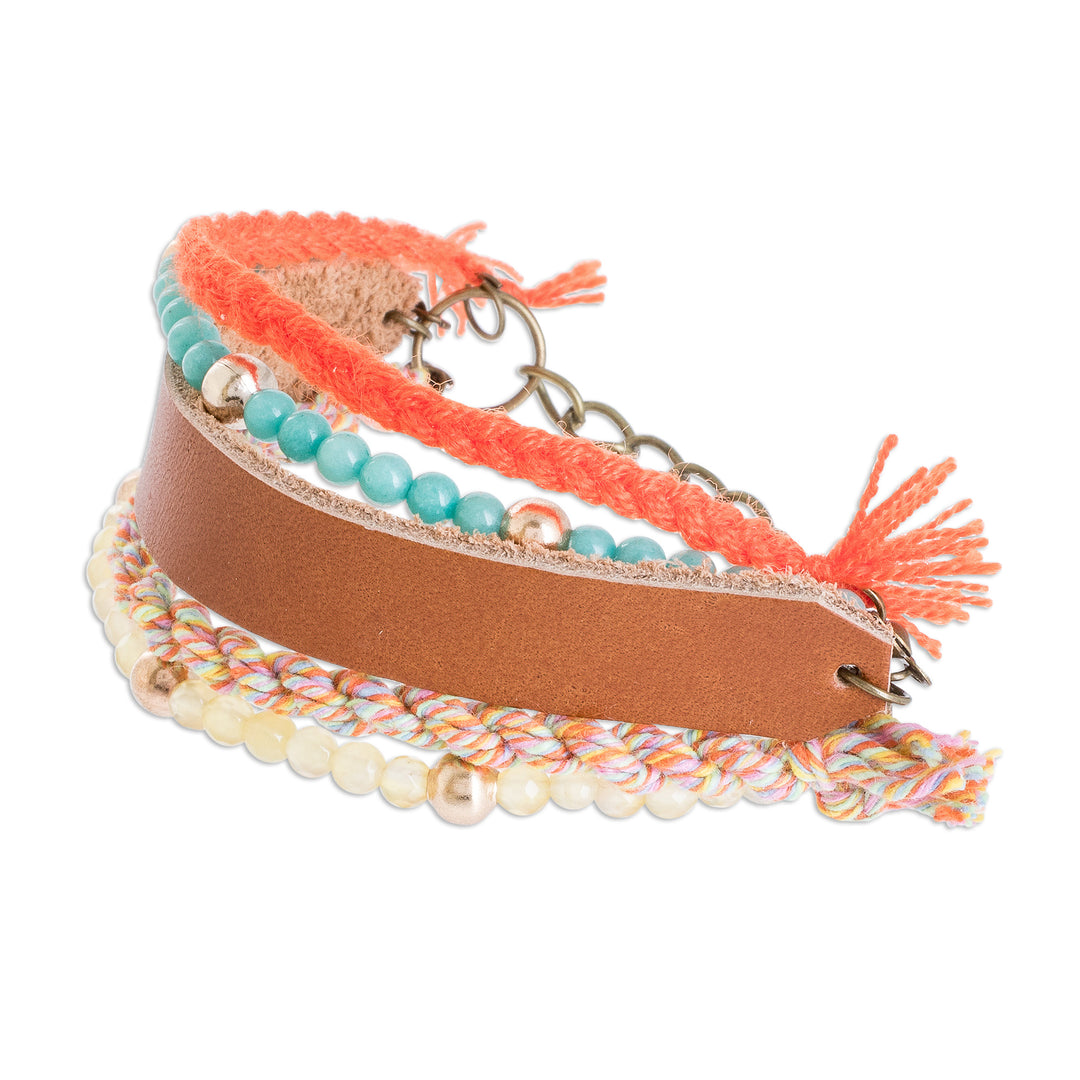 Glass Beaded Sepia Leather Wristband Bracelet - Sepia Combination