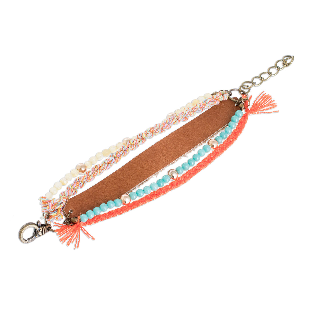 Glass Beaded Sepia Leather Wristband Bracelet - Sepia Combination
