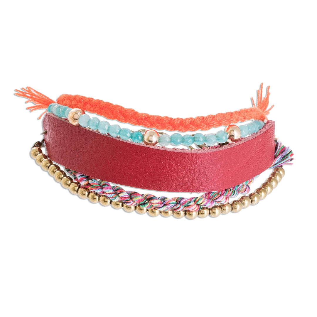 Glass Beaded Crimson Leather Wristband Bracelet - Crimson Combination