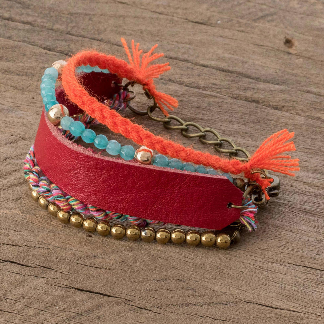 Glass Beaded Crimson Leather Wristband Bracelet - Crimson Combination