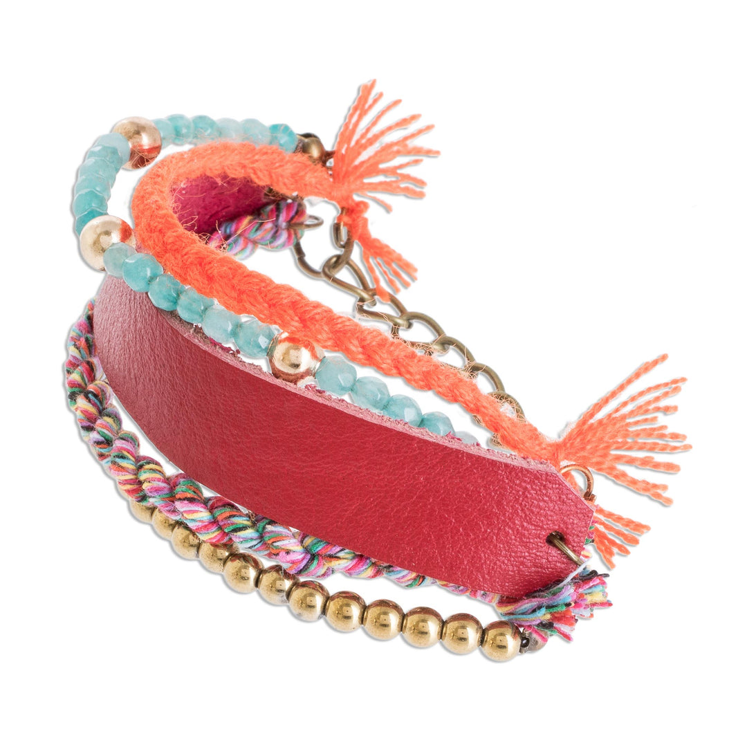Glass Beaded Crimson Leather Wristband Bracelet - Crimson Combination