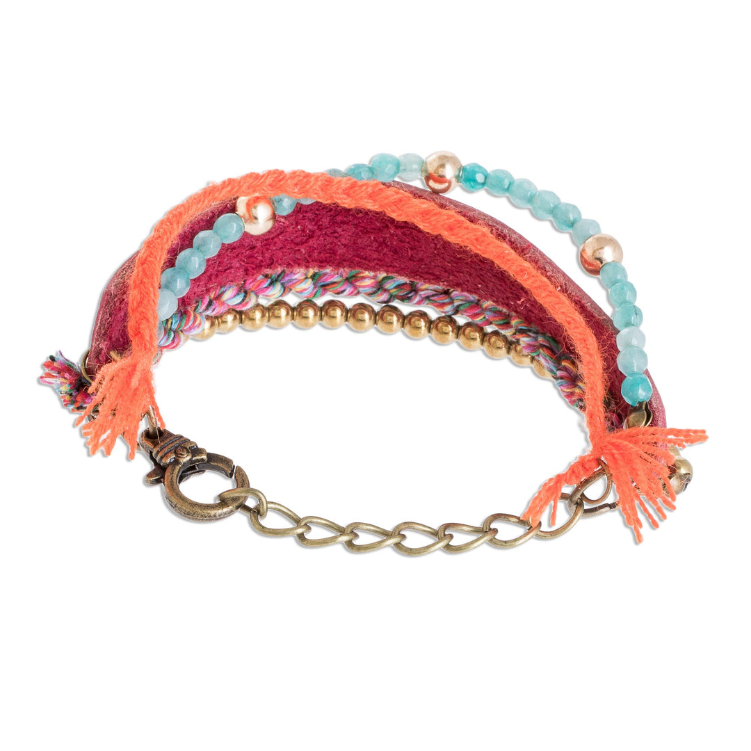 Glass Beaded Crimson Leather Wristband Bracelet - Crimson Combination
