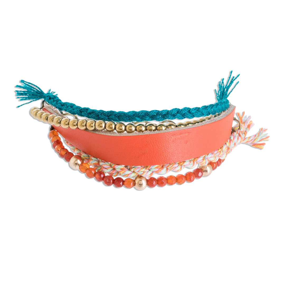 Glass Beaded Scarlet Leather Wristband Bracelet - Scarlet Combination