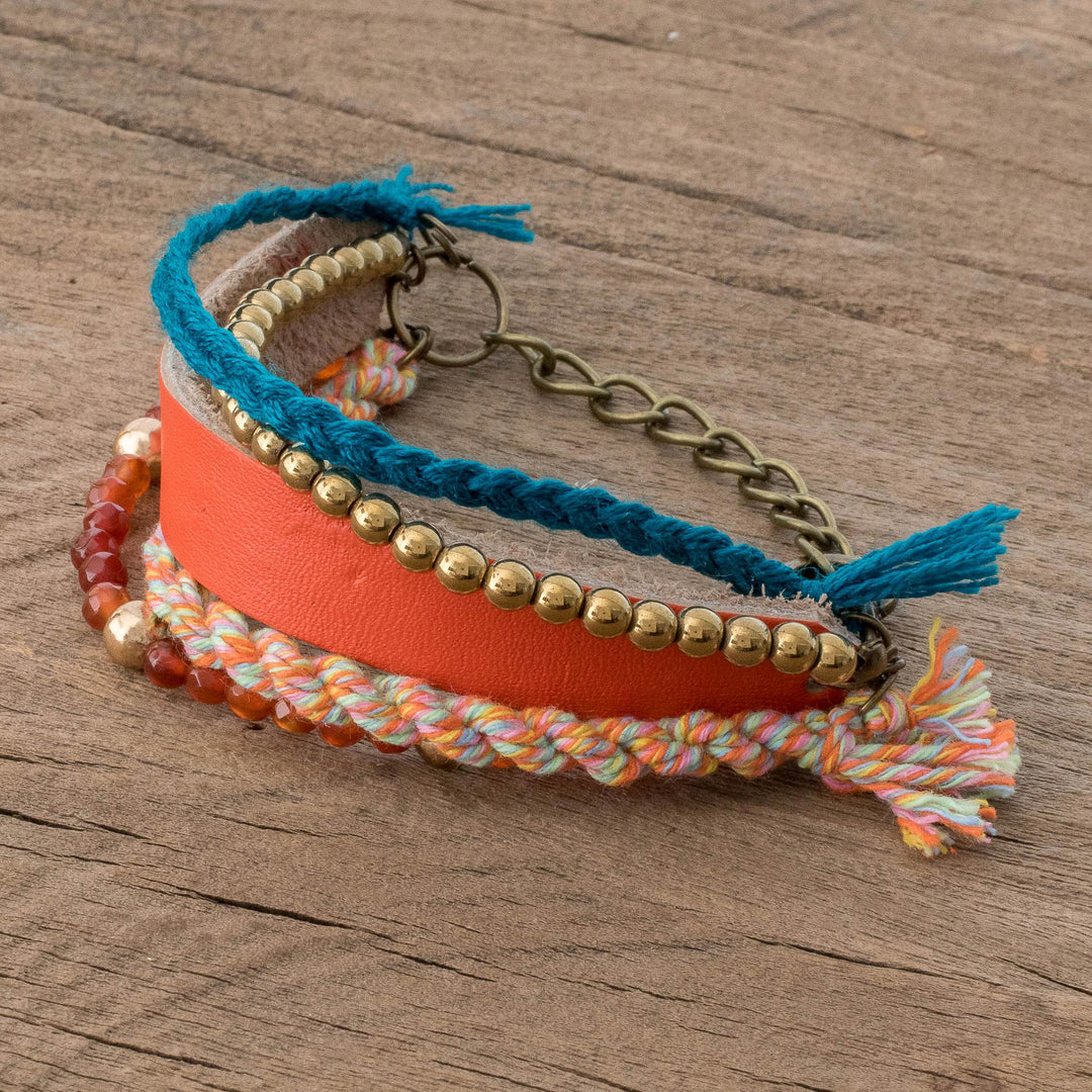 Glass Beaded Scarlet Leather Wristband Bracelet - Scarlet Combination