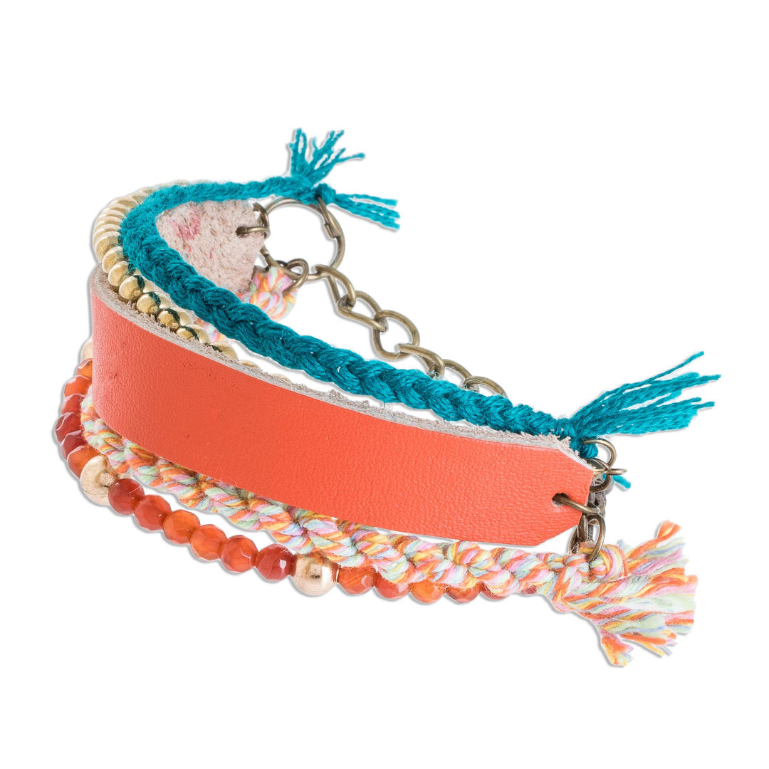Glass Beaded Scarlet Leather Wristband Bracelet - Scarlet Combination