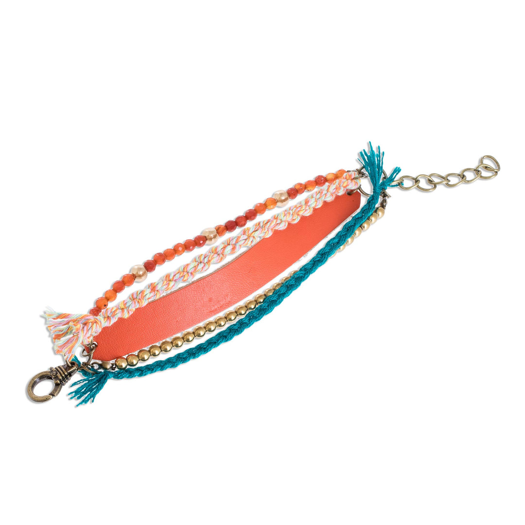 Glass Beaded Scarlet Leather Wristband Bracelet - Scarlet Combination