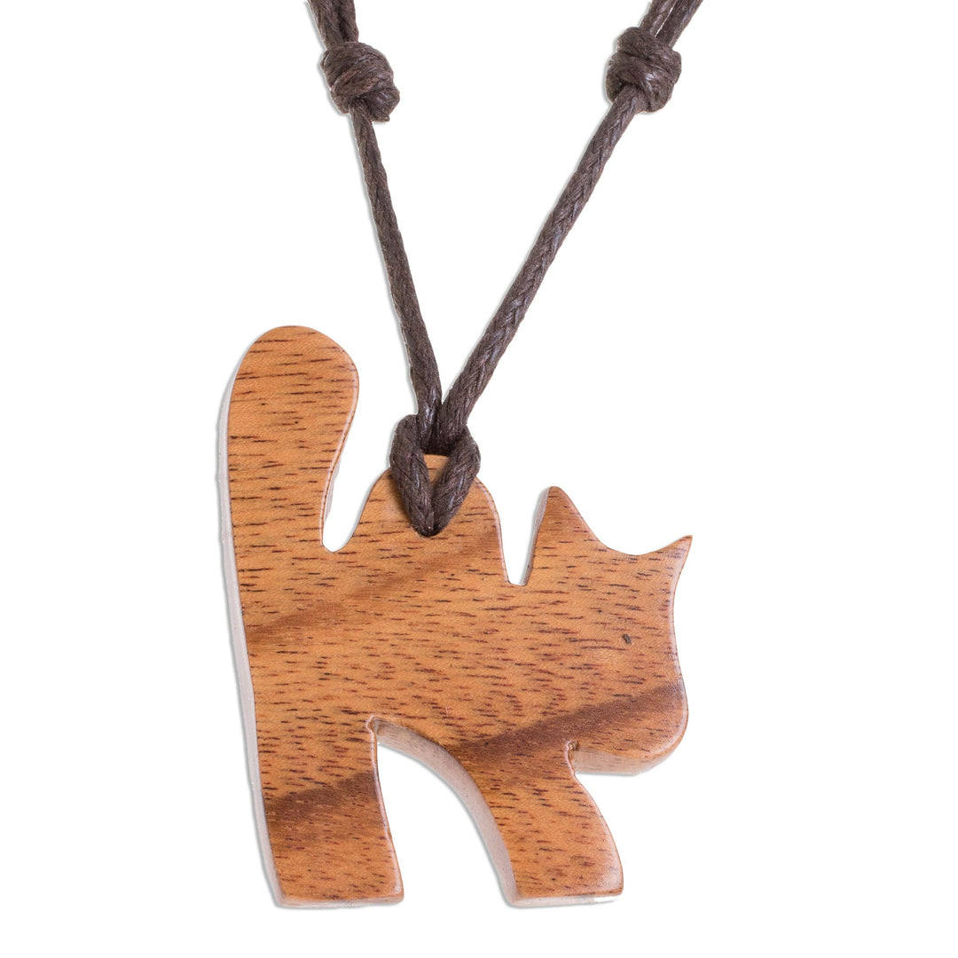 Jobillo Wood Cat Pendant Necklace from Costa Rica - Jobillo Cat