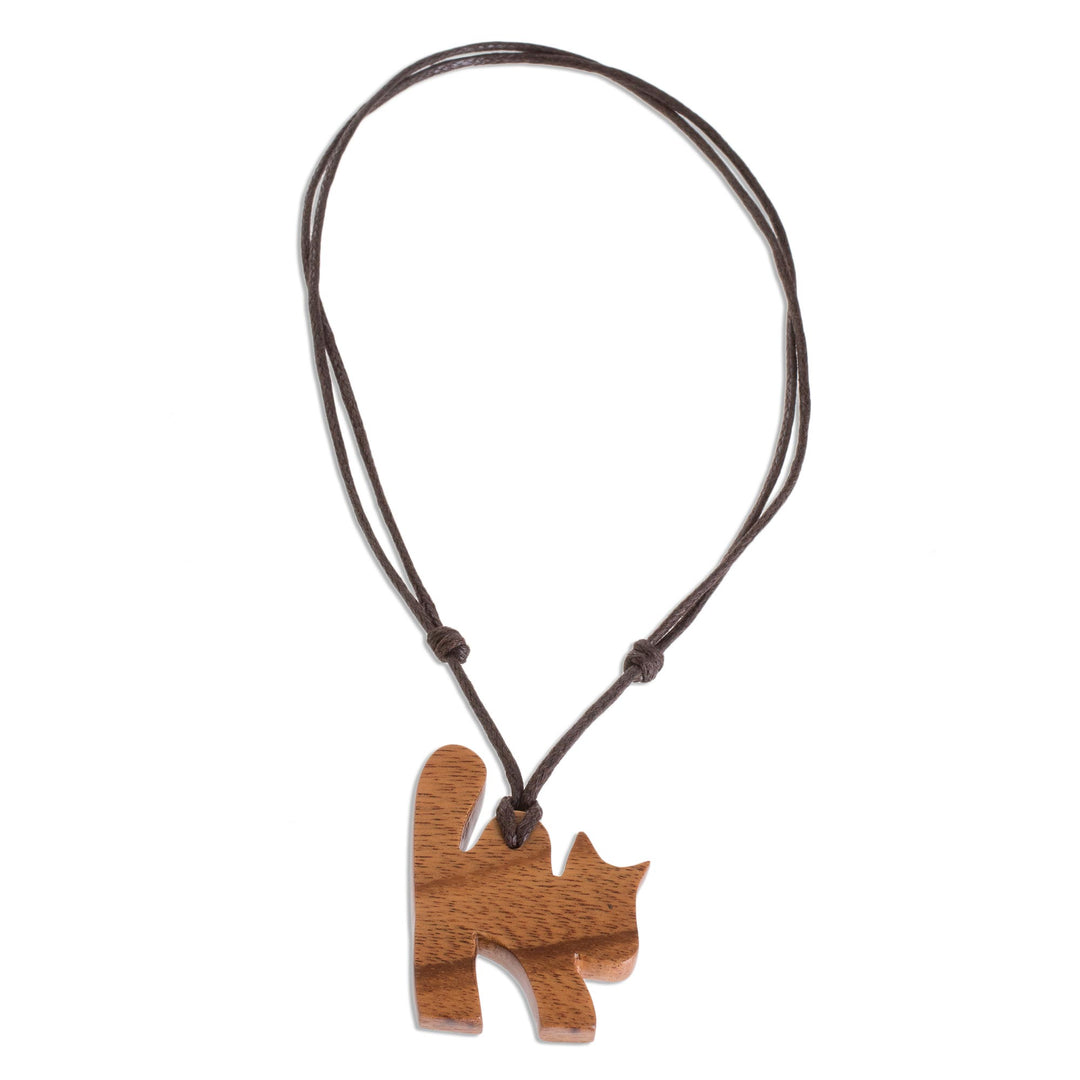 Jobillo Wood Cat Pendant Necklace from Costa Rica - Jobillo Cat