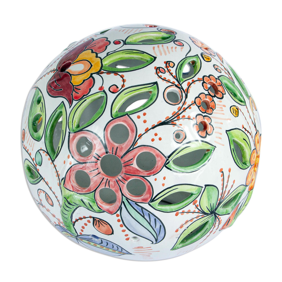 Floral Talavera-Style Ceramic Tealight Lantern from Mexico - Floral Sphere