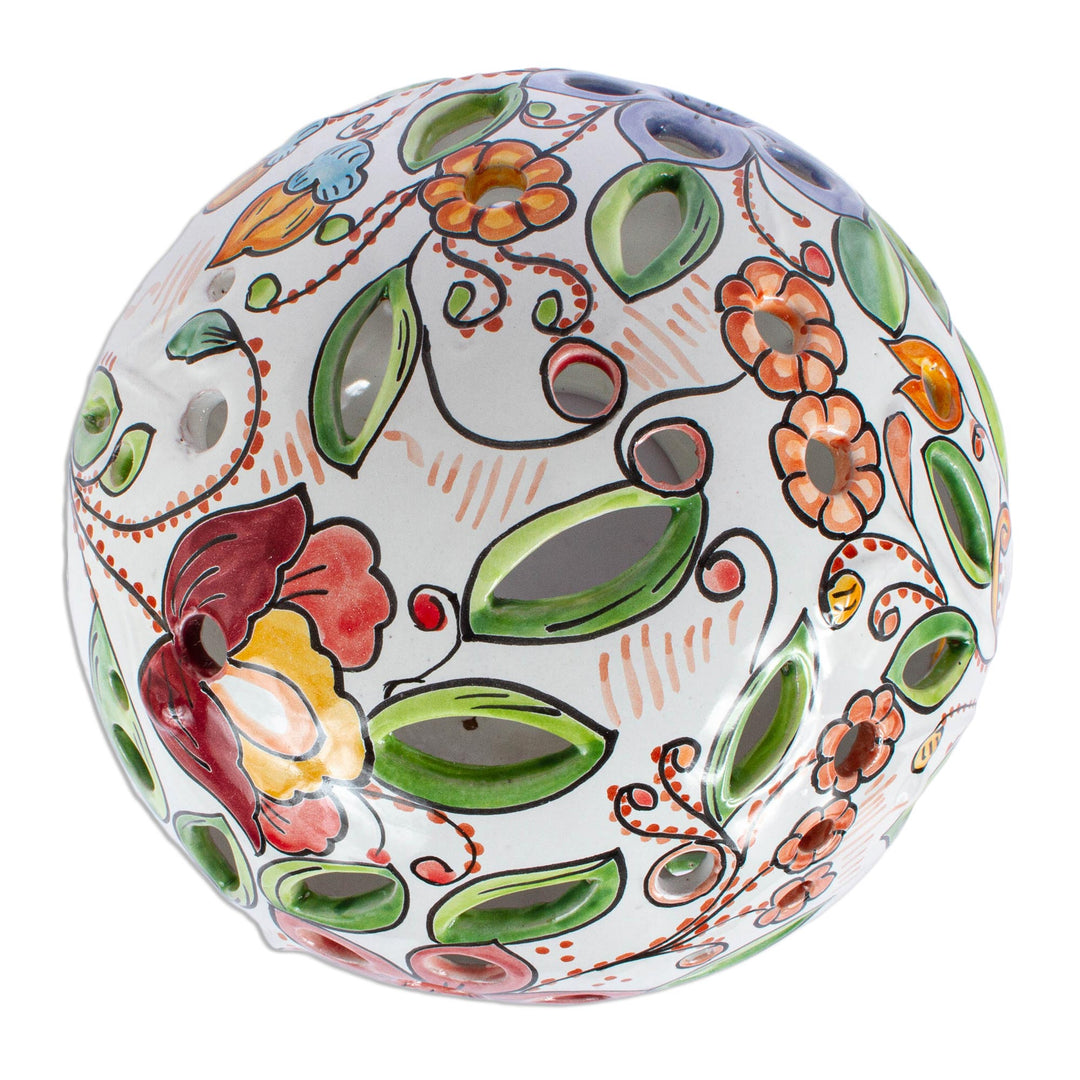 Floral Talavera-Style Ceramic Tealight Lantern from Mexico - Floral Sphere