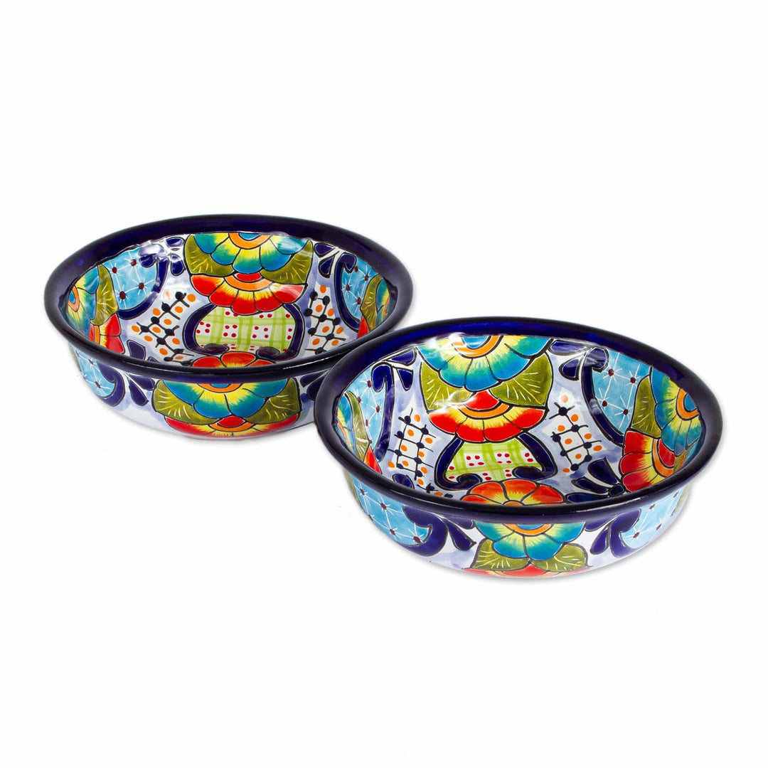 Mexican Talavera Style Ceramic Snack or Serving Bowls (Pair) - Raining Flowers