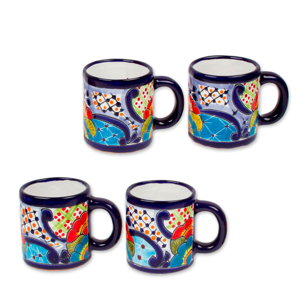 Four Mexican Talavera Style Floral Ceramic Mugs - Raining Flowers